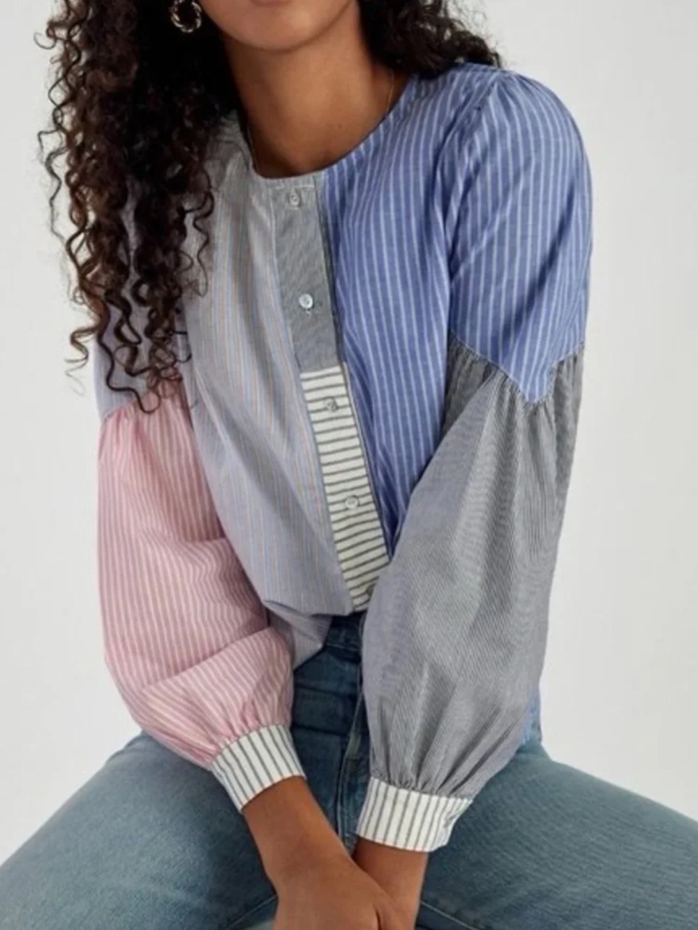 Amadi for Anthropologie Patchwork Striped Button-Down Top in Pink Blue & Gray M